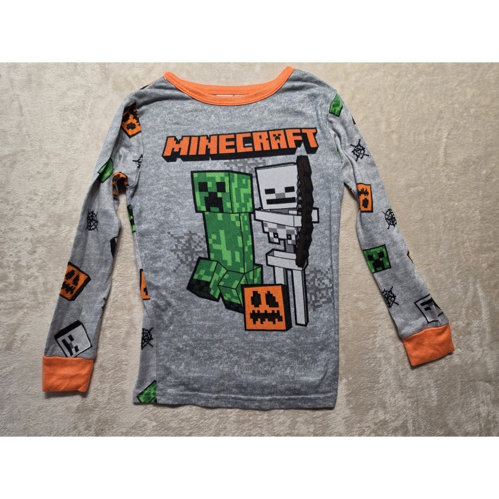 Minecraft Boys Pajama Top Size 8 Gray Orange Creeper Skeleton Long Sleeve‎